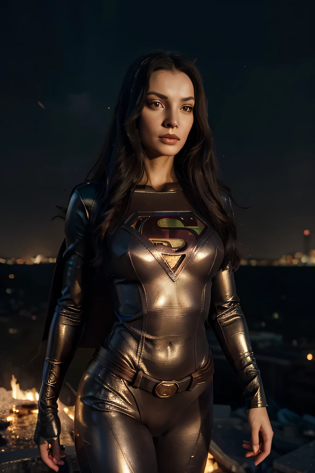The fusion of Morticia and Supergirl results in a heroine with striking Supergirl traits. Your uniform is sexy and modern, em tons escuros e com o "s" em vermelho brilhante em seu peito. Ela possui Supergirl'Ela'Ela'Ela'Ela'Ela'Ela'Ela'Ela'Ela'Ela'It's strength and determination, combined with a touch of mystery and sensuality. His body is slender and athletic, reflecting his incredible physical ability. She radiates confidence and power, ready to face any challenge with grace and courage. This fusion is the embodiment of beauty, strength and bravery, ready to protect the world with your imposing presence. Linda,sexy,super ,Cripto, "s" No peito, Pernas lindas,amante,atraente "s" make superman, in a post-apocalyptic scenario,undoing, TWD, villain,High definition, 8k,uniform in worn metallic colors,becos escuros deGotham City,chamado do batman ao fundo. holofote do batman