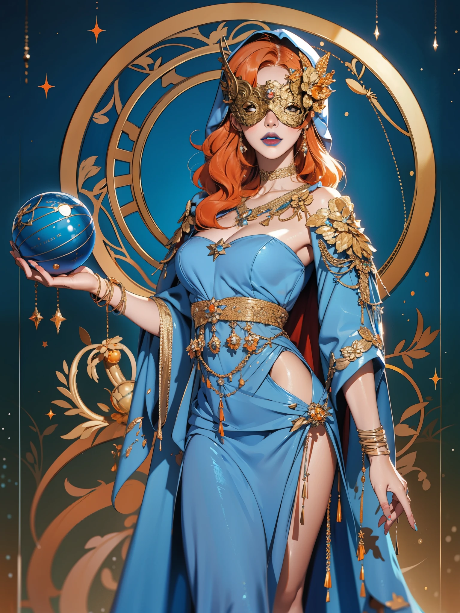 realistic:1.4, hood up:1.2, orange hair, covered eyes:1.2, long hair, hair over shoulder, robe, blind mask:1.2, danceroutfit, light blue clothes, crystal ball, sphere, cape, blue lipstick, cleavage, 1girl, solo, (masterpiece:1.6, best quality),