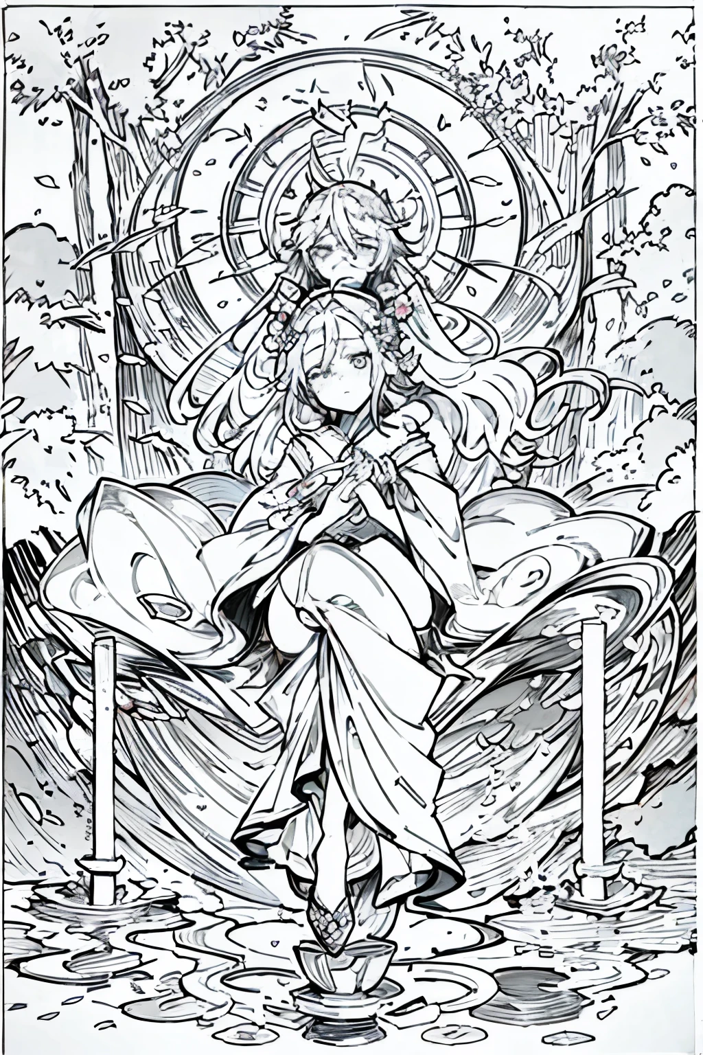 Amidst the vibrant bloom of cherry blossoms, the Goddess of Mercy, vol 5, unfolds on page 10, penned by Ryuko Mizuki. A serene figure, the goddess sits under the tranquil canopy of pink sakura petals, her soft, elegant features radiating compassion. Draped in her traditional garments, her robes gently sway in the breeze, blending seamlessly with the surrounding cherry blossoms. Her kind, gentle gaze evokes a deep sense of peace and reassurance, as if to remind us of the mercy and love that lies within her. The meticulous brushstrokes of Ry