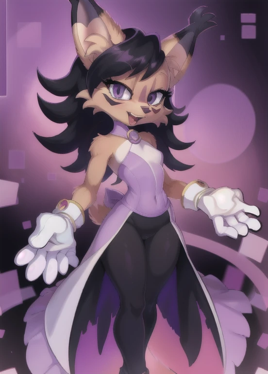 nicolethelynx, (best quality, masterpiece:1), furry female anthro, strapless purple dress, split dress, black pants, black and white gloves, purple cuffs, standing, looking at viewer, open mouth, smile, (digital abstract background:1.2), 