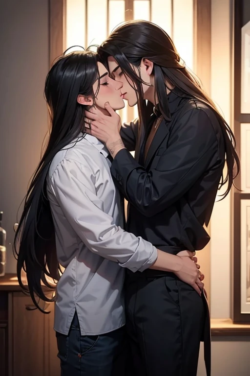 Two men are hugging. One man&#39;s left hand is holding the other man&#39;s waist. His right hand is touching his head and kissing his hair. Both of them have long hair.