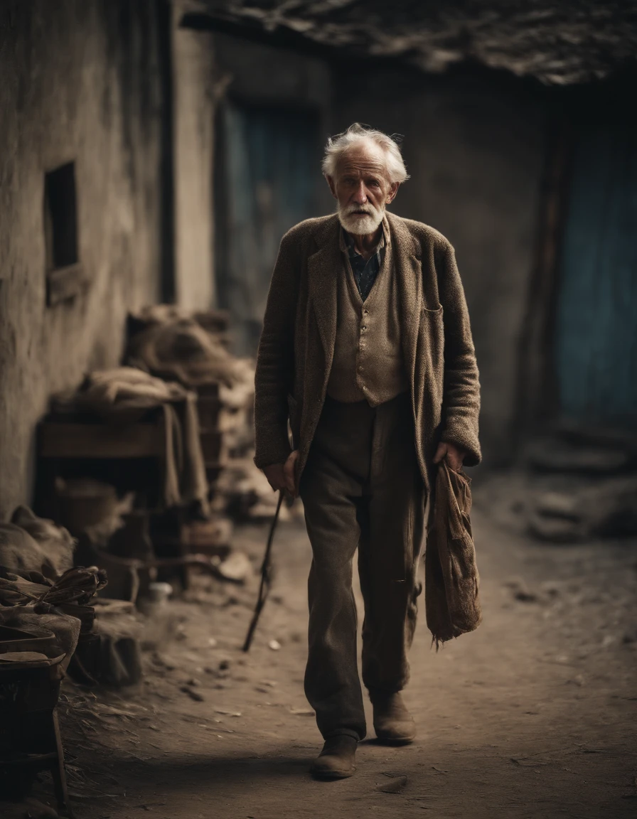 An old man with tattered clothes, no money and near death surreal very detailed