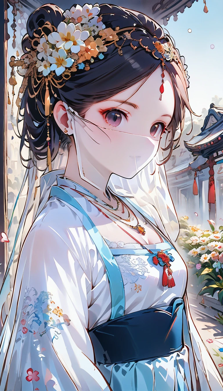 (masterpiece, best quality:1.2), Chestnut curly hair,perfect eyes,Chinese beauty,Gorgeous lace pink and blue Hanfu,whole body(((hair accessories))),necklace,a garden with many flowers,(((masterpiece))), ((best quality)), ((intricate details)),((surreal))(8K)