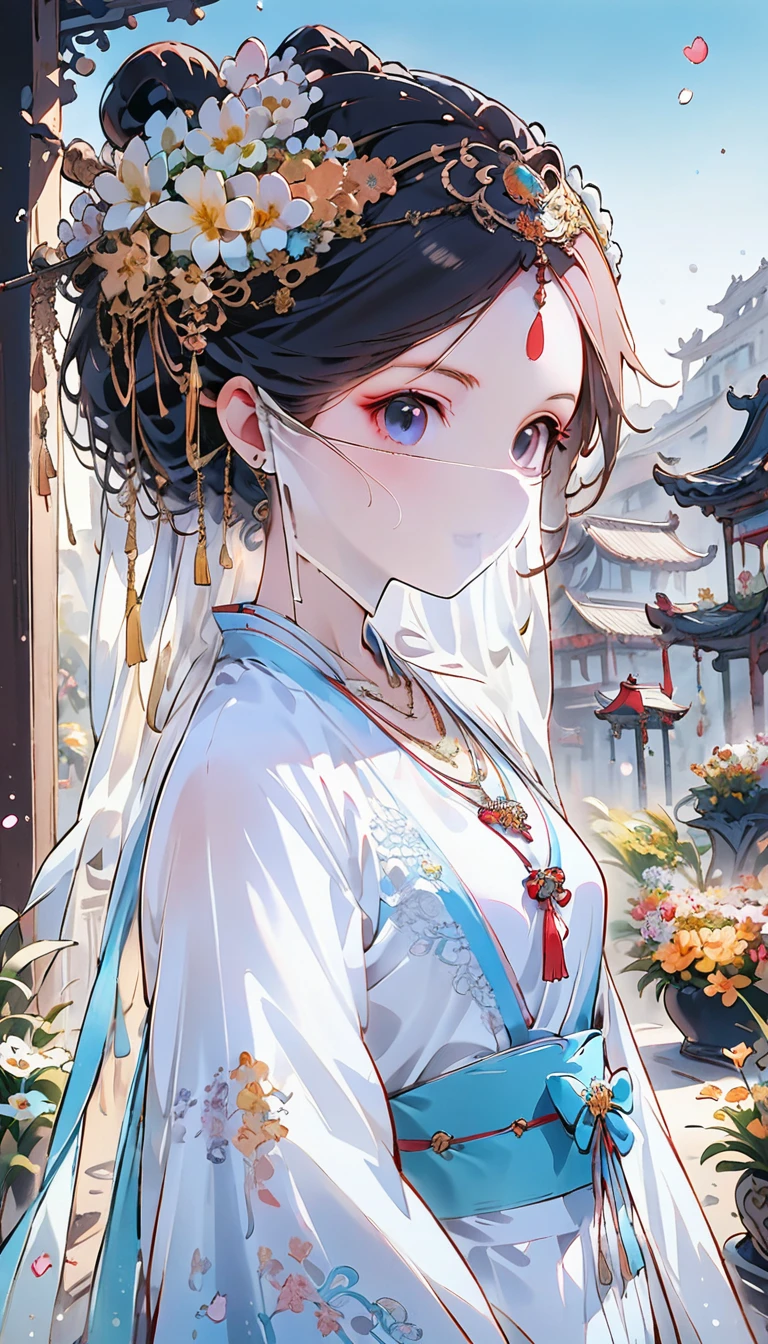 (masterpiece, best quality:1.2),  Chestnut curly hair，perfect eyes，Chinese beauty，Gorgeous lace pink and blue Hanfu，whole body（（（hair accessories）））,necklace,a garden with many flowers,（（（masterpiece）））, （（best quality））, （（intricate details））,（（surreal））（8K）