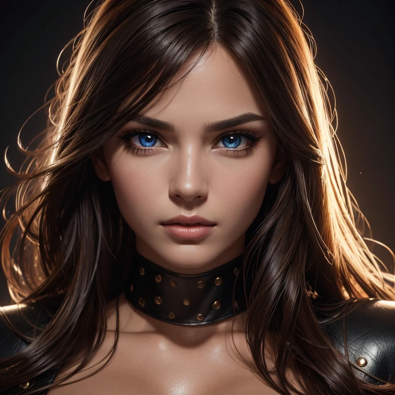 (best quality,4k,highres),realistic,portrait,leather,sexy,beautiful detailed face,gorgeous hair,detailed eyes and lips,well-defined body,alluring pose,vivid colors,studio lighting,shiny textures,fierce expression