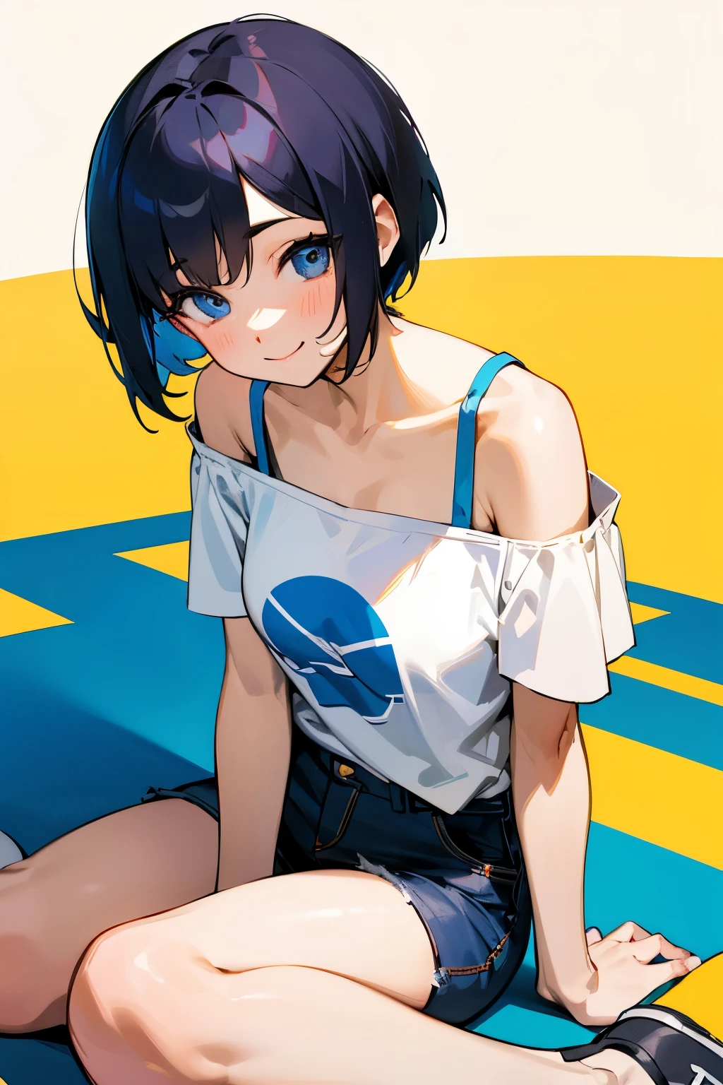 woman、short cut hair、smiling、loose t-shirt、Bare shoulders、sitting on the floor