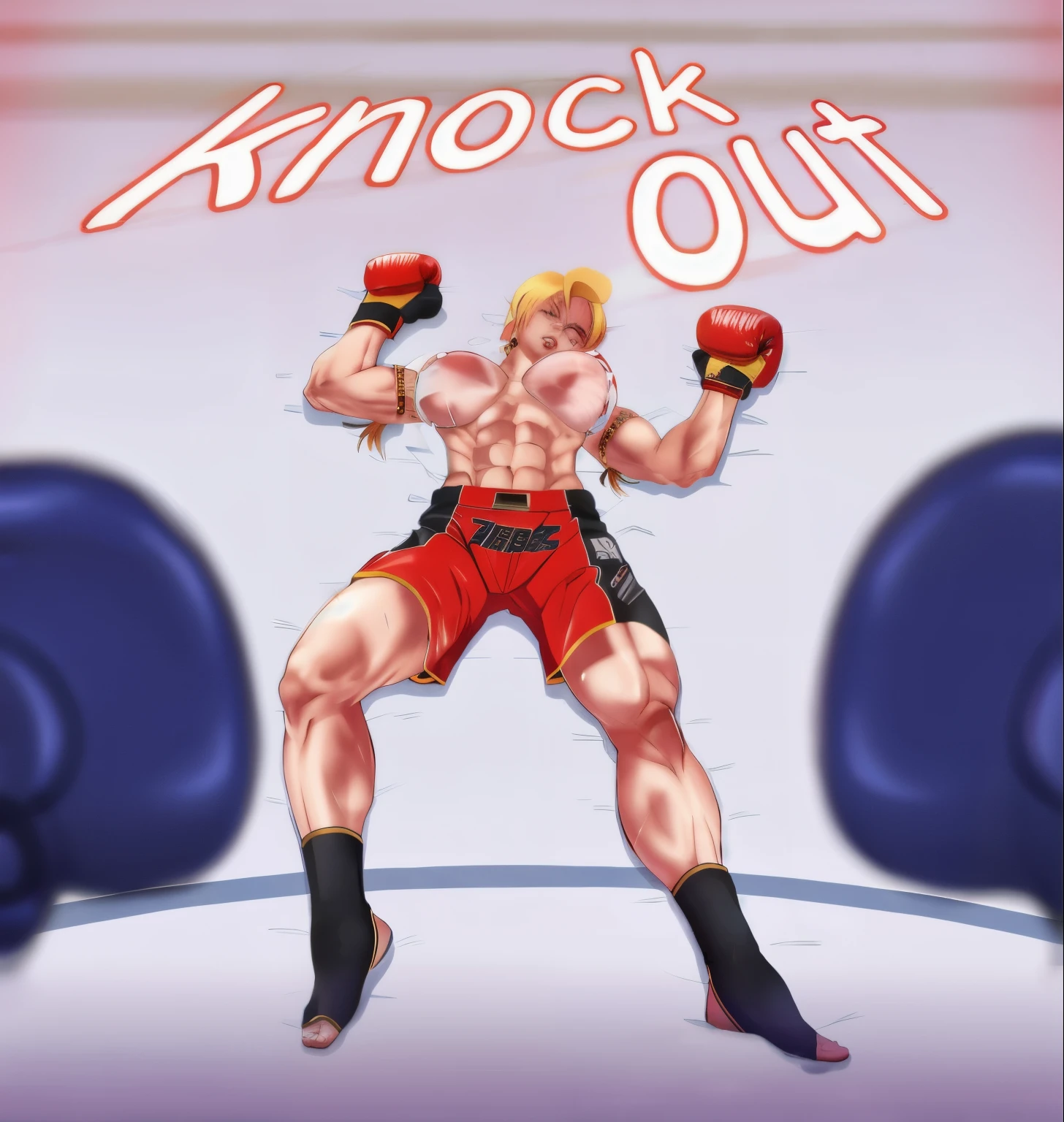 realistic, a caricature of a man with boxing gloves and a boxing glove, knockout punch, punch slightly out, hajime no ippo manga inspired, kickboxing, as a tekken character, official fanart, king of fighters style, muscular!!!, tekken, in a boxing ring, asuka suit under clothes, fighting game character, in fighting pose, fighting pose, art, large female breasts, eight pack, marked abdomen, female muscles, female body, (eyes closed:1.5), pouty lips, nostrils, face 