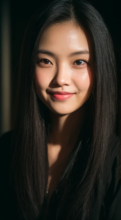 best quality, epic reality, ((in the pitch black darkness :1.4)), ((portrait:1.5)),(background: dark) high contrast度,glorious picture, Minimum illumination, Lighting surface, She was comfortable, nothing to wear, , It seems, (8K, original photo, best quality),(epic reality:1.5), 一个女people, Face,(exquisite eyes:0.8),(looking at camera:1.4 ), (best quality), ( high contrast, Deep shadows),intricate details,cinematic,((skin:1.4)), (long darkhair:1.3), long hair, messy,(high dynamic range:1.5),detailed, color, upscale, masterpiece, original photo(20 years old, looking at the audience), fair, (Wearing a plain shirt,), perfect, nature, perfect composition, portrait, perfect Face,Smileexpression, 迷people的眼睛, Bright details, close lips, (高skin細節),, (blue tint: 0.6), (Sale: 0.8), (bloody: 0.7), Accent lighting, (backlight: 0.5 ), medium depth of field, Canon 5D, 50mm lens, F/4 apertures, (Super detailed, intricate details), sharp focus, soft color, 8K, absurd, 80mm, darkbackground, photography, Smile,Pinay, people, ease