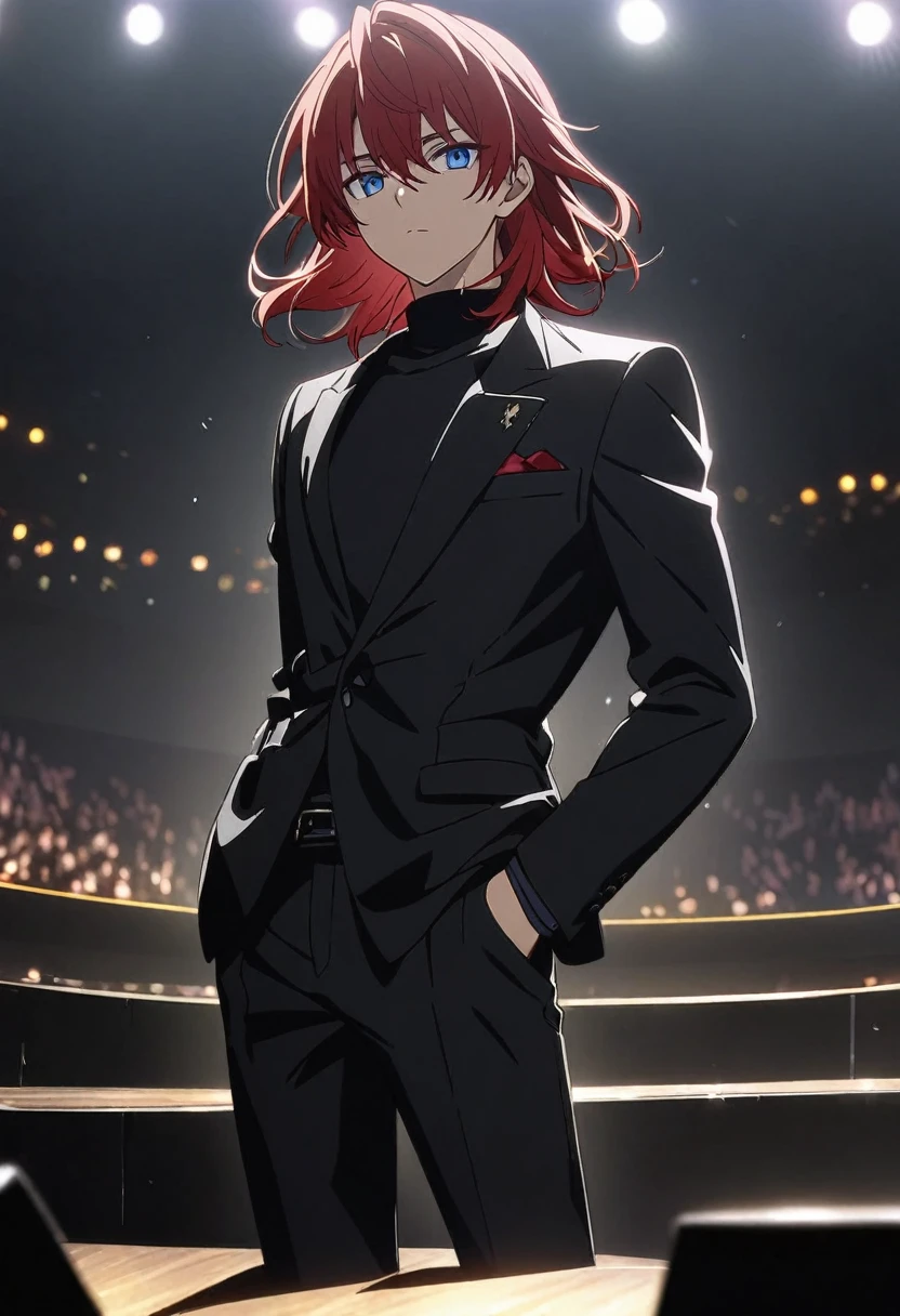 (Young guy), ((handsome)), 1guy, (solo), (red medium hair:1.1), (blue eyes:1.1), ((eyes details)), fit body, black turtleneck, black dress pants, ((expressionless face)), anime hight quality, masterpiece, black blazer, on stage background, spotlights, standing, hands in pocket