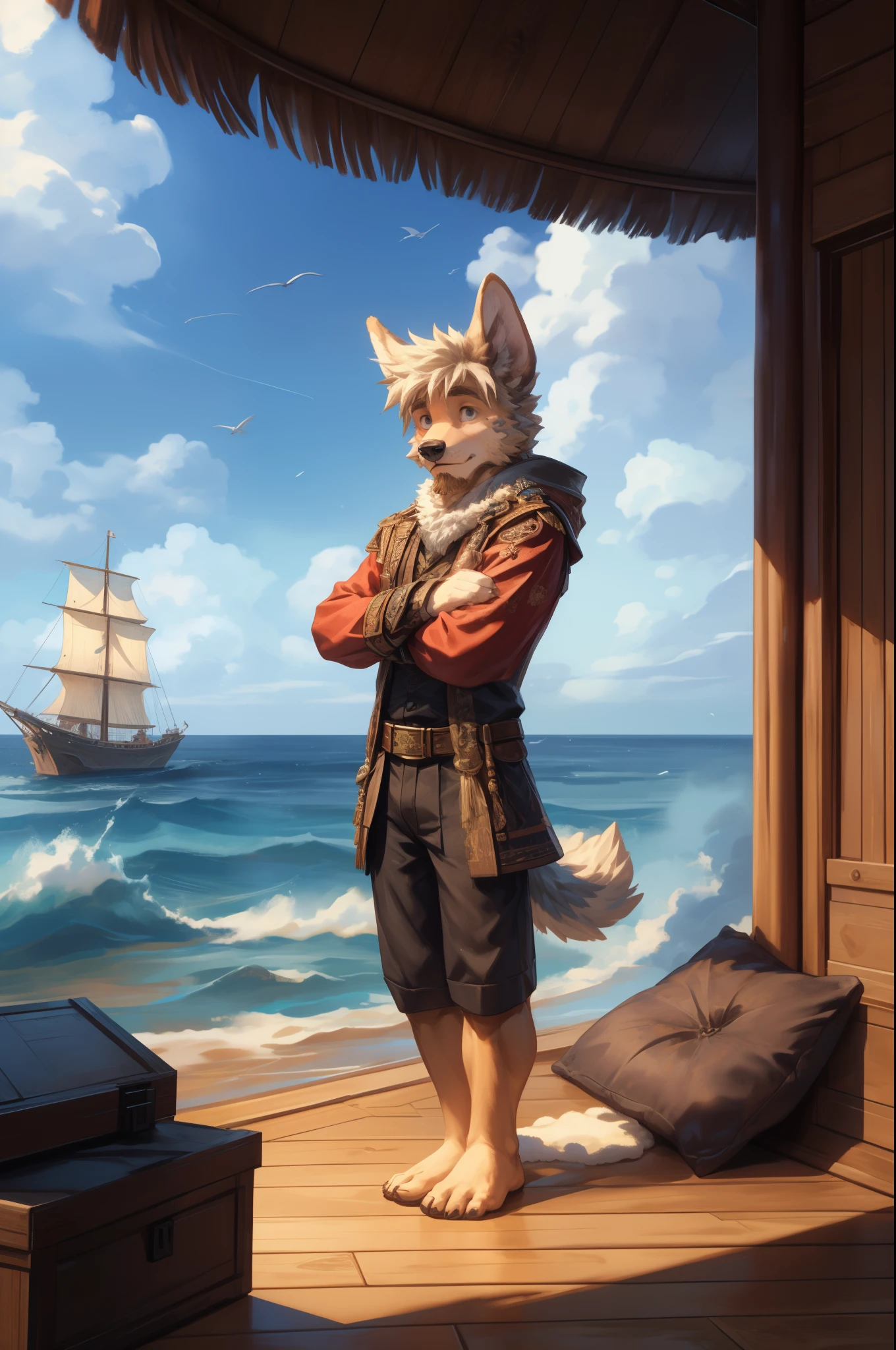 (((Barefoot furry character, full body, cinematic setting, male))) 

Masquerading as a man with a reason.
My charade is the event of the season
and if I claim to be a wise man, well
it surely means that I don't know.

On a stormy sea of moving emotion
tossed about I'm like a ship on the ocean.
I set a course for winds of fortune,
but I hear the voices say:

(Carry on my wayward son.)
(There'll be peace when you are done.)
(Lay your weary head to rest.)
(Don't you cry no more.)

BREAK, (((plantigrade))), detailed background, 8K, (masterpiece:1.5), intricate details, highly detailed, extreme detail, octane render, fine art, best quality, highres, (detailed face:1.5), ((full_body)), UHD, (((perfect hands)))