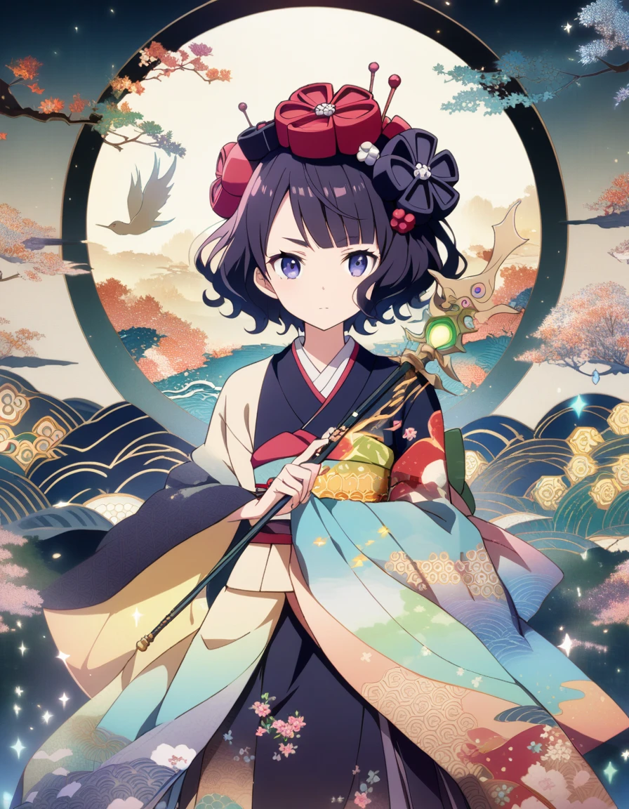 1girl, A young Magical Girl, gracefully casting a spell with her wand, surrounded by enchanting flora and fauna, radiating magical energy. The scene should evoke a sense of wonder and mystery. The style should emulate the intricate brushwork and delicate linework of Katsushika Hokusai, with a focus on capturing the essence of traditional Japanese ukiyo-e art. The medium should be a watercolor painting on canvas, showcasing vibrant colors and fluid brushstrokes. The category is fantasy art, depicting the magical realm. The color palette should consist of pastel hues and ethereal blues, creating a dreamlike atmosphere. The digital graphics should enhance the magical elements, adding subtle glows and sparkles. The resolution should be high, allowing for intricate details to be captured . (masterpiece), (best quality), (ultra-detailed), very aesthetic, illustration, disheveled hair, perfect composition, moist skin, intricate details, anime artwork, anime style, visual, vibrant, studio anime, highly detailed, aesthetic