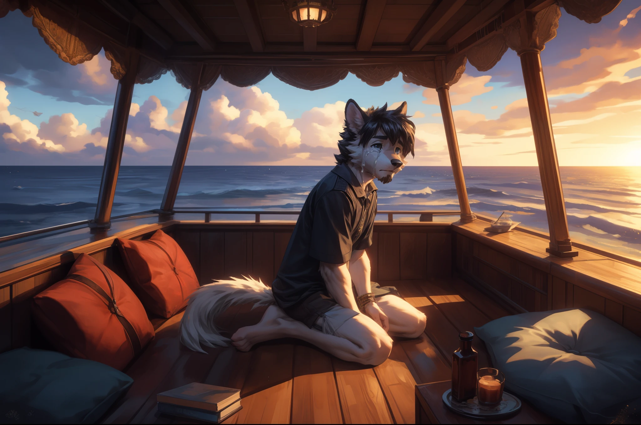 (((Barefoot furry character, full body, cinematic setting, male)))
Masquerading as a man with a reason.
My charade is the event of the season
and if I claim to be a wise man, well
it surely means that I don't know.
On a stormy sea of moving emotion
tossed about I'm like a ship on the ocean.
I set a course for winds of fortune,
but I hear the voices say:
(Carry on my wayward son.)
(There'll be peace when you are done.)
(Lay your weary head to rest.)
(Don't you cry no more.)
BREAK, (((crying))), detailed background, 8K, (masterpiece:1.5), intricate details, highly detailed, extreme detail, octane render, fine art, best quality, highres, (detailed face:1.5), ((full_body)), UHD, (((perfect hands)))