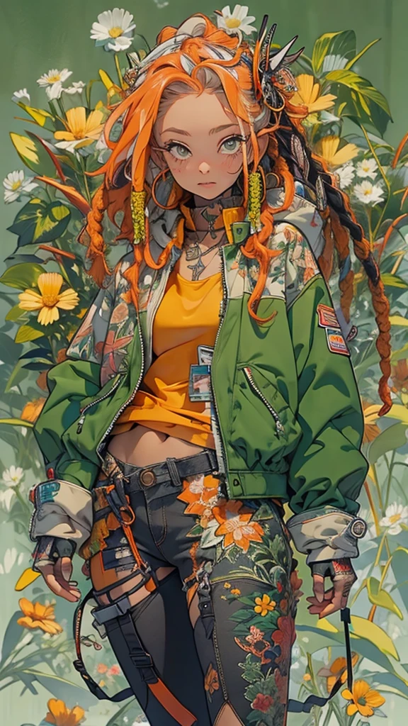 ((girl), (green:1.5, orange:1.1, white:1.3, yellow:1.3))_((very sexy rapper girl with dreadlocks hair), tattoos,(naked body parts), (down jacket :1.2),(Jacket on a naked body, thong))__(( fractal, Flowers, leaves, Fog, lilies, circles background)).