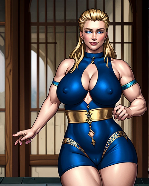 (intricately detailed, highest quality, High resolution, highly detailed skin:1.4), (motherly smile:1.1), looking at the viewer, outdoor scene, grassland, m4rytbl, (chubby woman:1.7, big breasts, blue eyes,lips, (Long blond hair slicked back:1.5), exposed chest,exposed crotch,( Fenestration:1.2),thick thighs,Blue Wrestling Costume,exposed shoulders