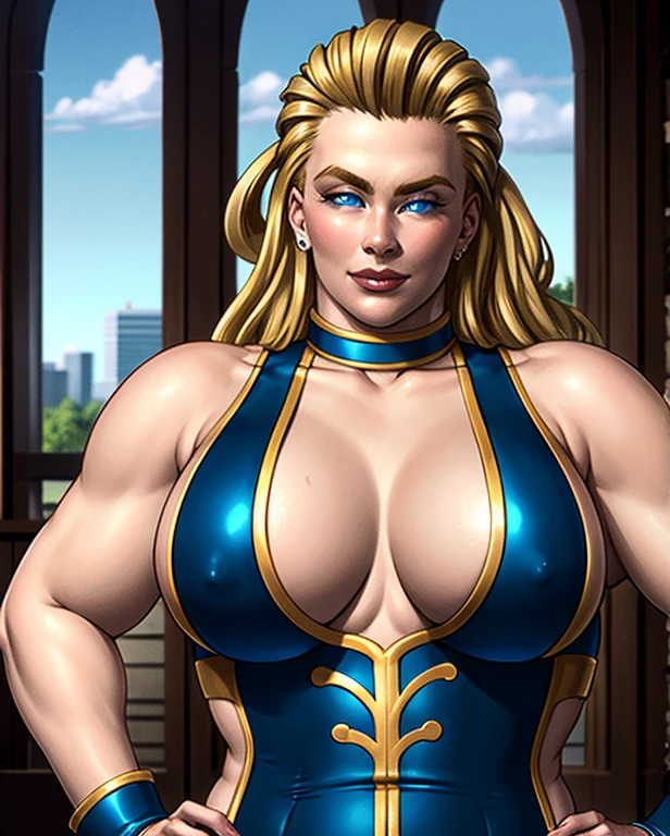 (intricately detailed, highest quality, High resolution, highly detailed skin:1.4), (motherly smile:1.1), looking at the viewer, outdoor scene, grassland, m4rytbl, (chubby woman:1.7, big breasts, blue eyes,lips, (Long blond hair slicked back:1.5),  exposed chest,exposed crotch,( Fenestration:1.2),thick thighs,Blue Wrestling Costume,exposed shoulders