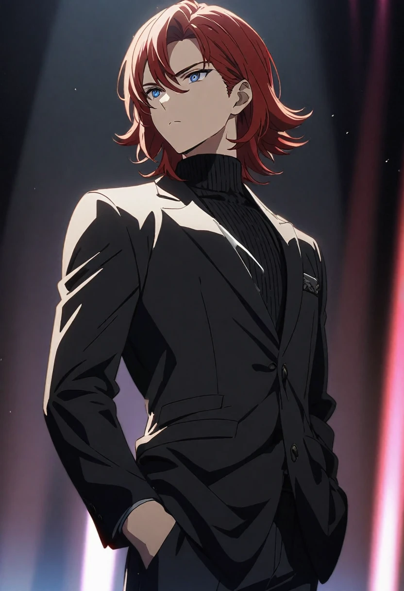 (Young guy), ((handsome)), 1guy:strong, (solo), (red medium hair:1.1), (blue eyes:1.1), ((eyes details)), fit body, black turtleneck, black dress pants, ((expressionless face)), anime hight quality, masterpiece, black blazer, on stage background, spotlights, standing, hands in pocket