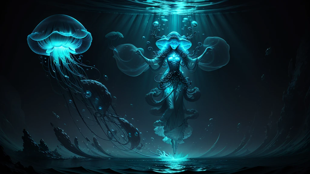 A dark woman with long, white curly hair emerges her figure in water in an environment of infinite violet cosmoswith soft blue tones, her tears are stars