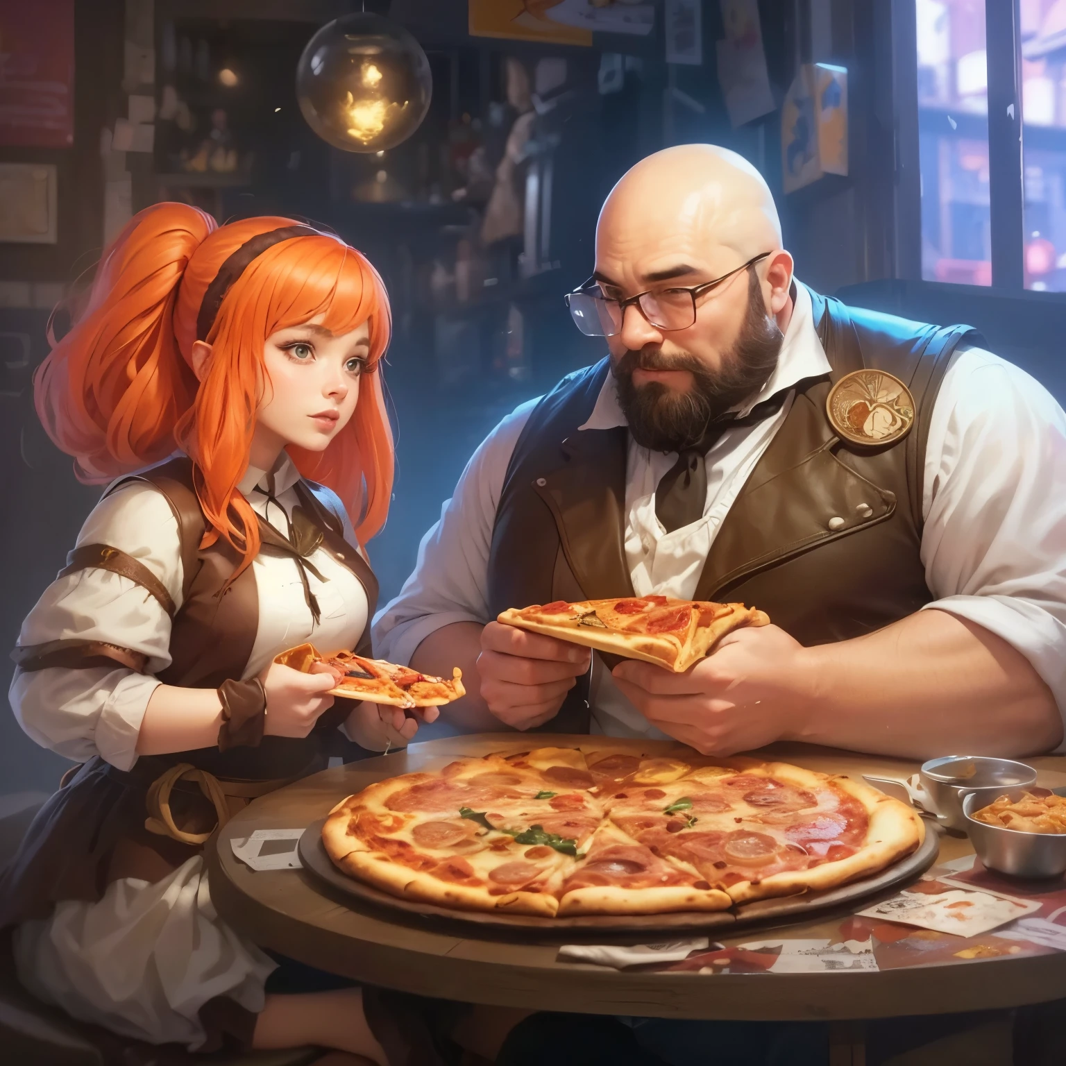 there is a man and a woman sitting at a table eating pizza, artwork in the style of Gouvez, sharing pizza, The Pizza Universe, Sakimichan and Frank Franzzeta, chew pizza, Fantasy tavern background, eating pizza, Gouvez, the art of role play, Gouvez on artstation pixiv