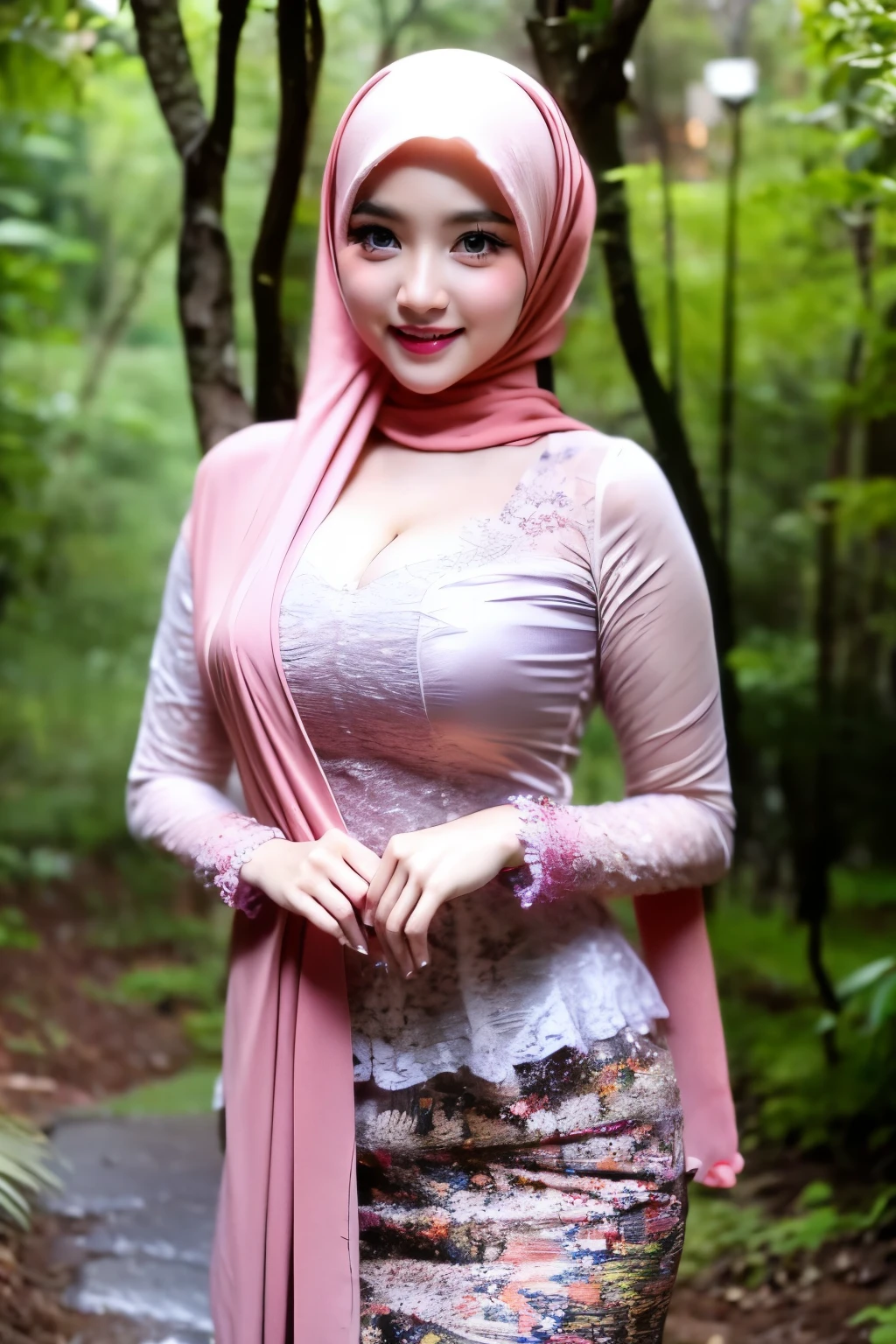 Create a photorealistic masterpiece of a beautiful woman with hijab wearing traditional Indonesian kebaya attire, solo, cleavage cutout, Set her against a dark, forest backdrop with a captivating glow in the background and bokeh effect. Ensure the image quality is 8K with ultra-realistic details.,kebaya,kebaya indonesia