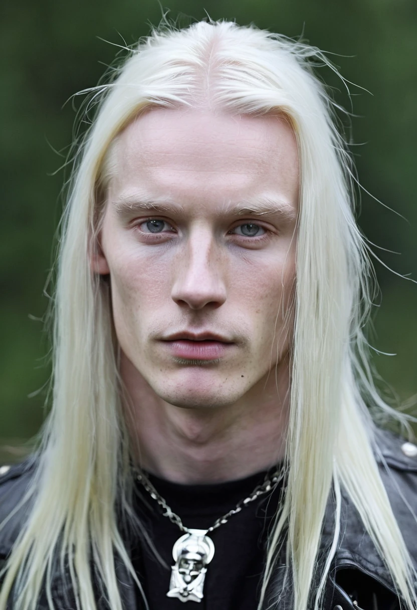A Norwegian man with long dark hair and pale white skin and a thin face, he has the style of clothes and accessories "metalhead" 
