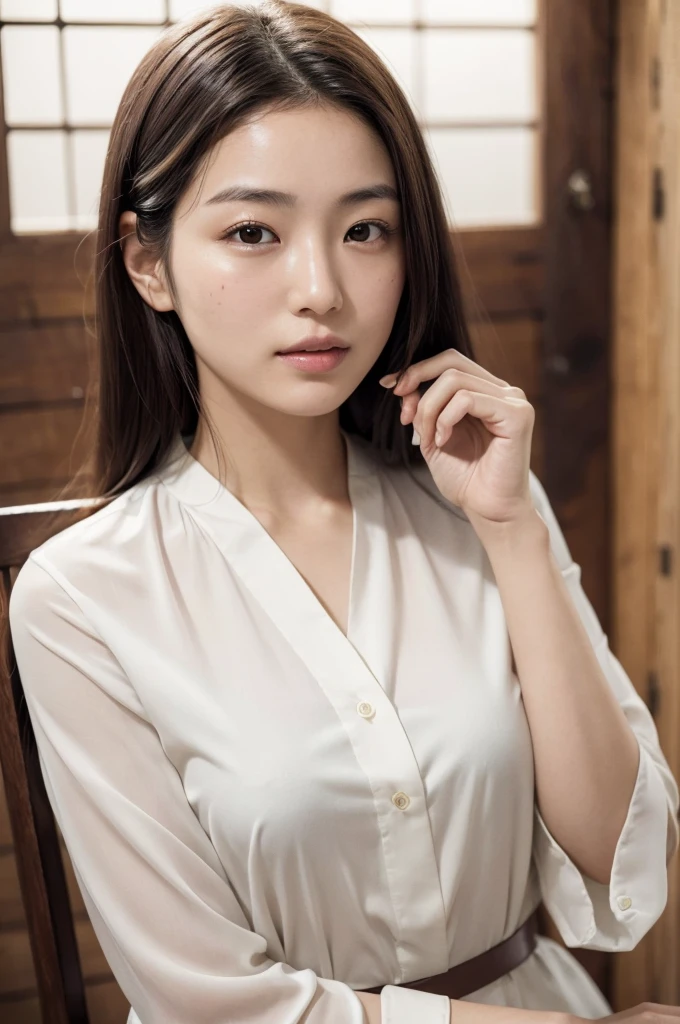 A beautiful Japanese woman with an oily face, capturing the essence of her natural allure in a photorealistic 8K image. Her features, though flawed by a slight sheen, remain highly detailed and enchanting. The warm natural light casting upon her visage illuminates her elegant skin, revealing her captivating facial expressions. Her fashionable attire, featuring a traditional Japanese blouse and empaku pants, complements her unique charm. Despite the oil on her face, her intelligence and confidence shine through, adding an intriguing depth to her allure.