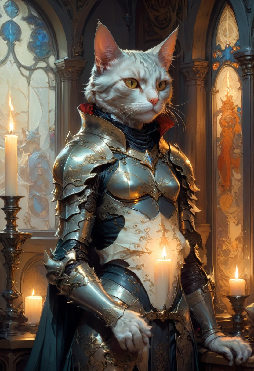 cat Knight wearing outrageous fashion outfit, Cozy medieval study with candlelight in the background, by artgerm and greg rutkowski and alphonse mucha, (masterpiece, best quality, perfect composition, very aesthetic, absurdres, ultra-detailed, intricate details, Professional, official art, Representative work:1.3)