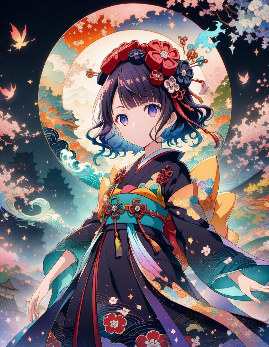 1girl, A young Magical Girl, gracefully casting a spell with her wand, surrounded by enchanting flora and fauna, radiating magical energy. The scene should evoke a sense of wonder and mystery. The style should emulate the intricate brushwork and delicate linework of Katsushika Hokusai, with a focus on capturing the essence of traditional Japanese ukiyo-e art. The medium should be a watercolor painting on canvas, showcasing vibrant colors and fluid brushstrokes. The category is fantasy art, depicting the magical realm. The color palette should consist of pastel hues and ethereal blues, creating a dreamlike atmosphere. The digital graphics should enhance the magical elements, adding subtle glows and sparkles. The resolution should be high, allowing for intricate details to be captured . (masterpiece), (best quality), (ultra-detailed), very aesthetic, illustration, disheveled hair, perfect composition, moist skin, intricate details, anime artwork, anime style, visual, vibrant, studio anime, highly detailed, aesthetic