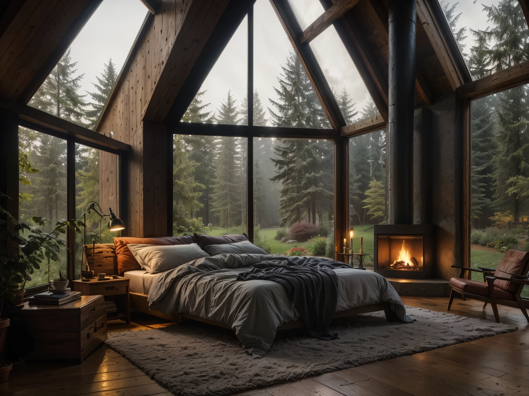 high quality, highly detailed rainy outside cozy cottage bedroom with a double-height ceiling big windows and a fireplace