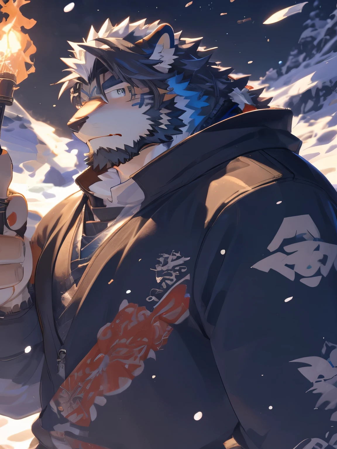 A man in a sweatshirt(Dragon Wolf)man, standing in the snow, Pout, close up, Inspired by Cai Hukun, Shin Jinying, Cheng Yanjun, Ruan Jian, Bian Luan, Jia Ruian