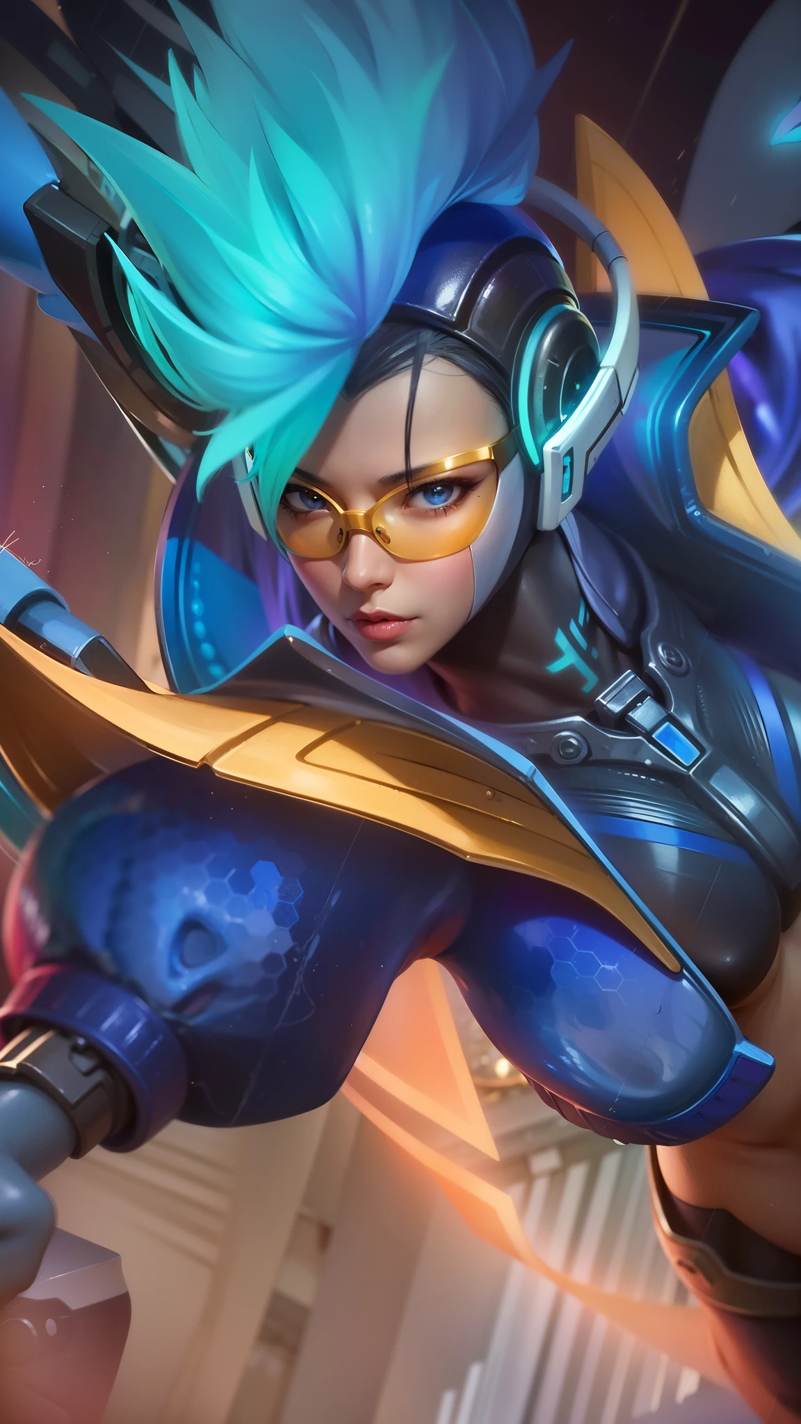 a close up of a person with a blue hair and a helmet, woman with yellow glasses, extremely detailed artgerm, artgerm detailed, artgerm lau, graphic artist artgerm, qiyana, senna from league of legends, artgerm. high detail, kda, style artgerm, artgerm jsc, trending artgerm, artgerm style, 8k, ultra hd, ultra detailed texture, hyper realistic, masterpiece, detailed texture, detailed face, detailed skin, detailed lighting, (photorealistic:1.5), best quality, beautiful lighting, cinematic lighting, professional lighting, ultra highres, realistic, detailed hair, real hair, high quality, (realskin:1.5), extremely detailed, finely detail, ultra-detailed