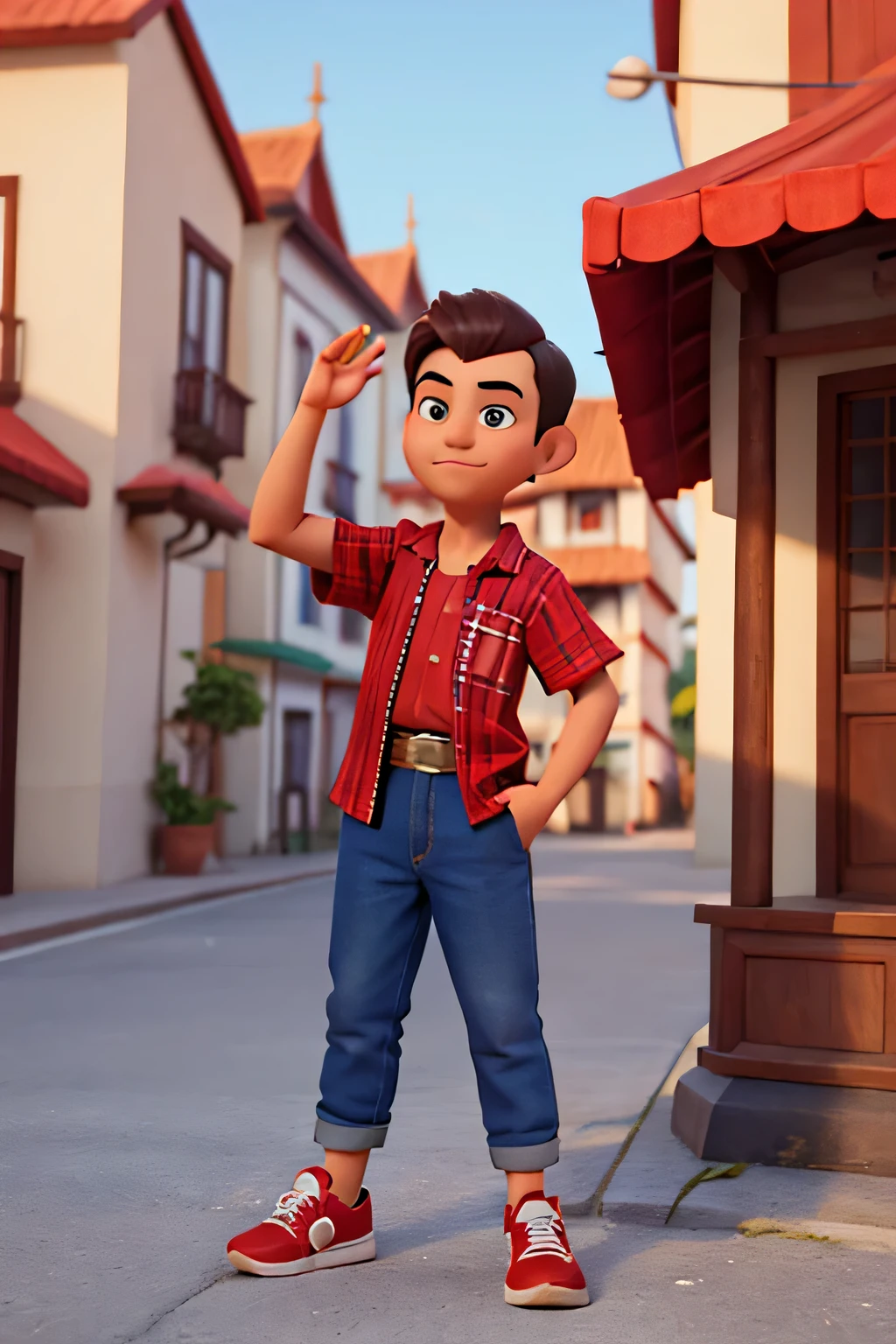 Disney Pixart 3D Characters a man with short hair in a north sulawesi style stands with his hands clasped in a gesture that may indicate greeting or respect. He wore a red checkered shirt and sneakers