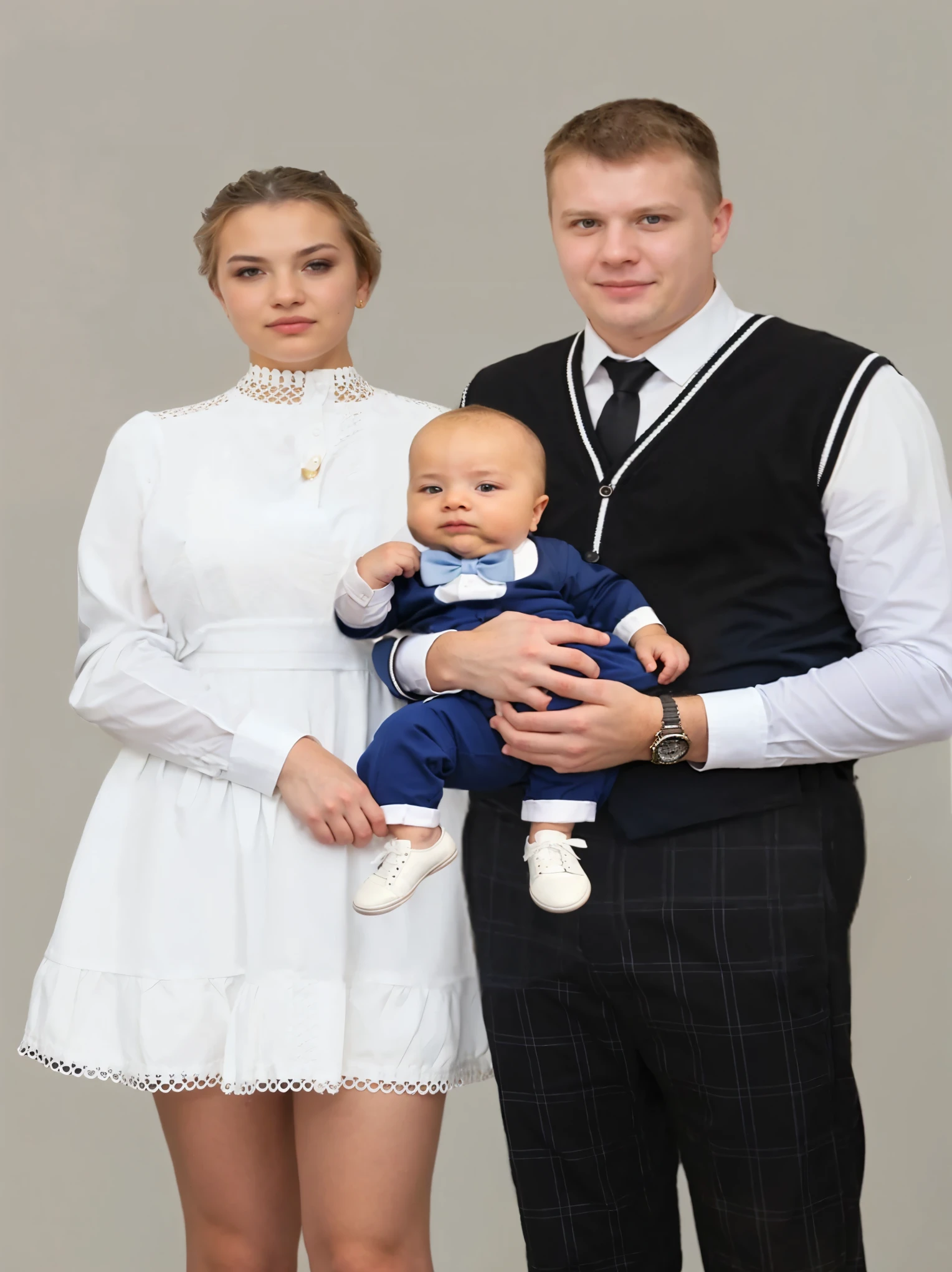 a man holds a baby in his arms, a girl stands nearby, the baby is dressed in a blue suit