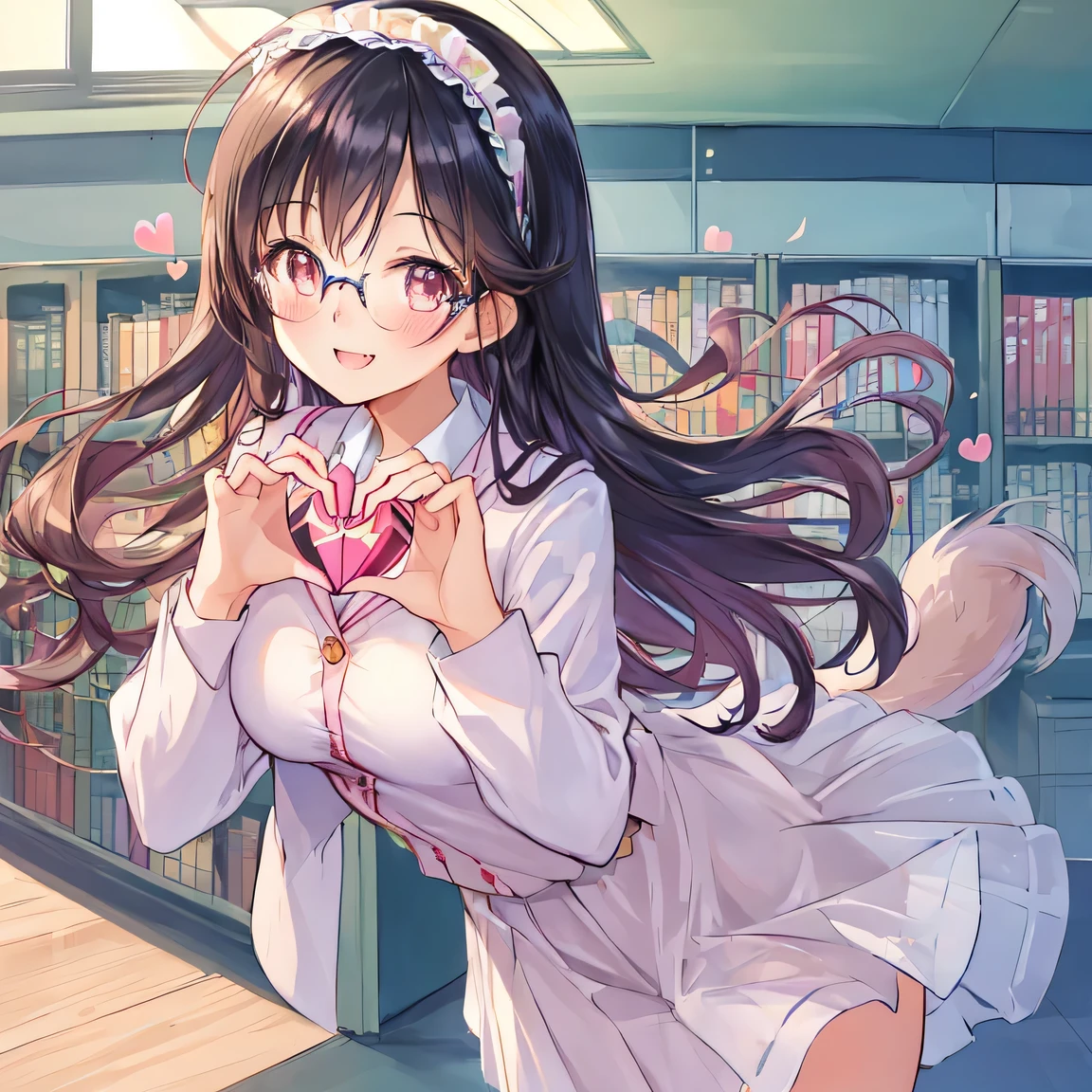 ((masterpiece)), ((best quality)), (ultra-detailed), ((kawaii)), cute, (lovely), illustration, anime style, dynamic angle, upper body, focus on upper body, a cute girl, 1girl, solo, school Library, Blazer uniform, (((heart hands))), (beautiful eyes), beautiful black hair, long hair, horseshoe-shaped hairband, medium breast, slim, slender, glasses, smiling, fang, endearing, blush, elegant, youthful, graceful, ((The tips of her canine teeth are peeking out from her smiling mouth)), Double Tooth, seductive smile.