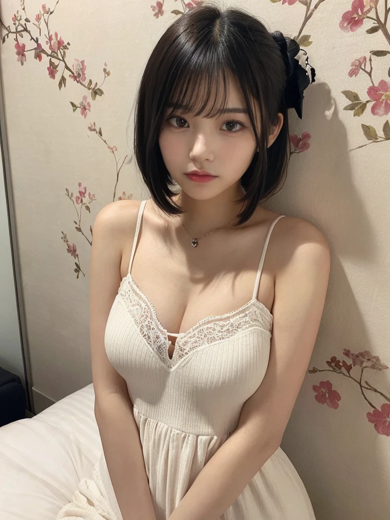 (muste piece, best quality, illustration, Super detailed, fine details, High resolution, 8K,wall paper, perfect dynamic composition, beautiful detailed eyes:1.3), big breasts, perfect body shape, White camisole,short bob hair、black hair color,Big Natural Color Lip, bold sexy pose,crying a little、cold gaze,Harajuku style、20 year old girl、cute type、lolita、good eyes、Sleeping on the bed、gravure idol