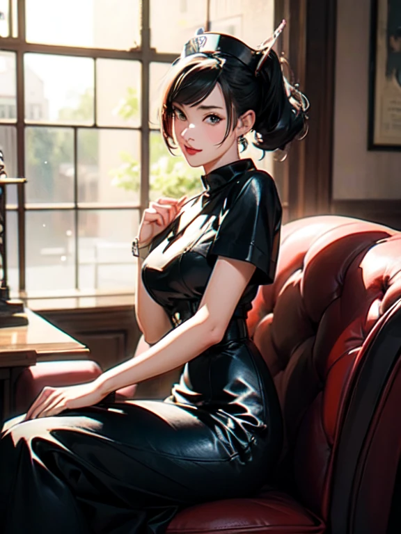 ((Waifu 1950s Pinup fusion)), in a smooth but detailed editorial illustrated style, craft a whimsical ((character:0.7)) based on the combination of a Nurse and Pirate, female beautiful ((solo:0.5)), front in view,full body portrait sitting,on a armchair leather,on a study room background. Showcasing a painted anime style. Art by Sui Ishida and Posuka Demizu and Gustave Buchet , 4K, featured on Artstation, Trending on Deviantart, ((vibrant realistic-anime:0.8))