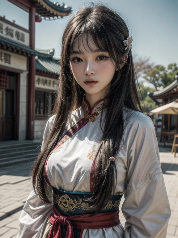 young woman, ancient chinese costume, whole body, sunlight, clear face, pure white background, masterpiece, Super Detail, Epic composition, Ultra HD, high quality, extremely detailed, official art, uniform 8k color, Super Detail, 32 thousand.