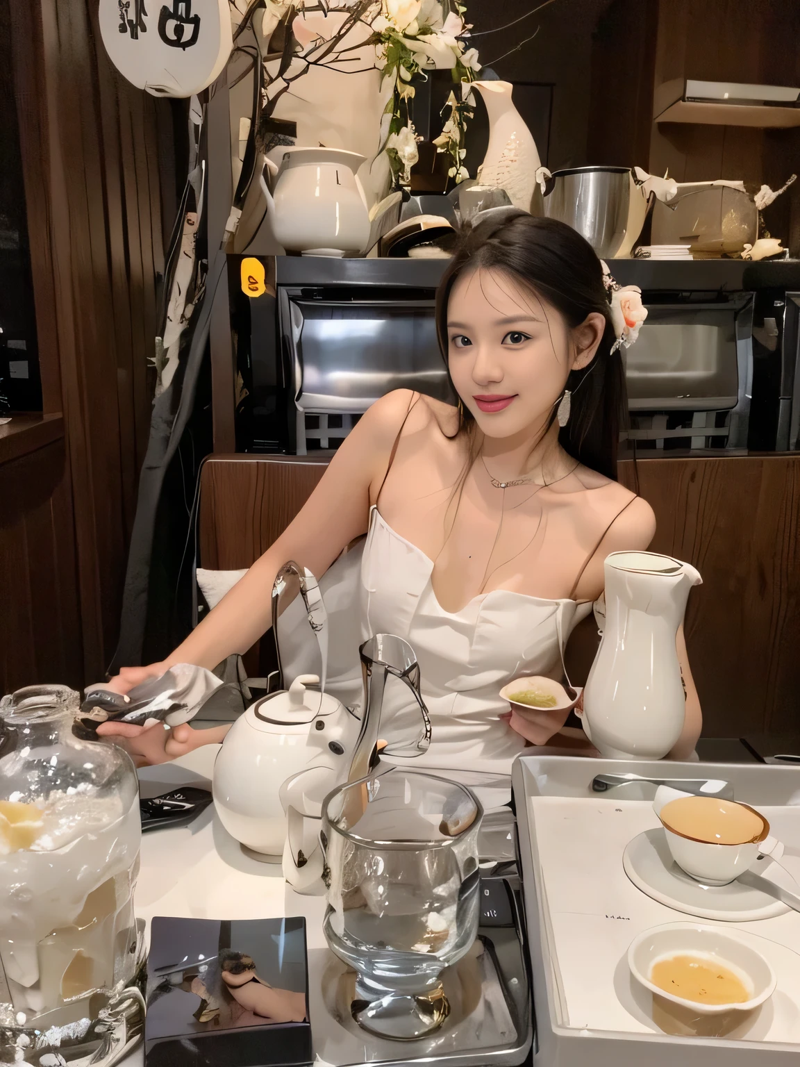 a woman sitting at the table,Teapot and cup in hand, Dilireba, 28 years old, Gorgeous Chinese model,