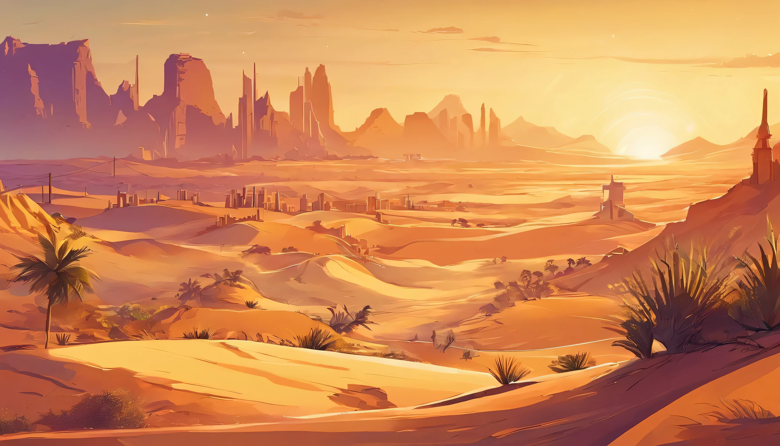 Yellow sand in the sky，Night background，The sky is full of stars，sphinx，Digital landscape art, Detailed scene - landscape art, Environmental design illustrations, Detailed scene art, Desert oasis landscape, Concept art, Highly detailed 4K digital art, 4K digital painting, 4K digital painting, Stunning digital illustration, desert background, Digital concept art drawing, Detailed digital painting