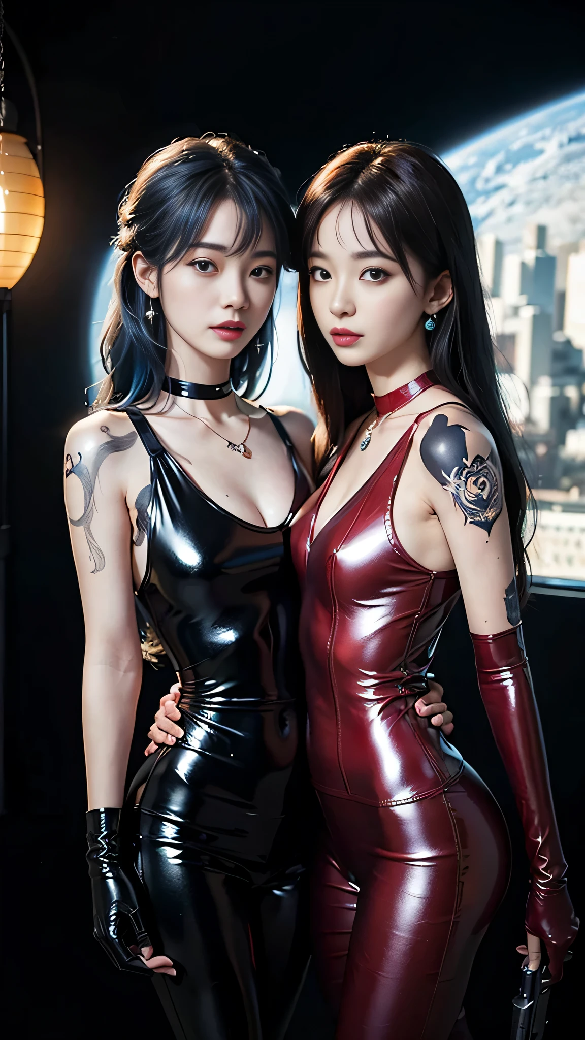 ((masterpiece:1.4)、(highest quality:1.4)、(realistic:1.7))、master piece:1.4、(Finest rendering:1.4)、beautiful girl dirty pair、(Beautiful Space Investigator Dirty Pair:1.4)、Kei and Yuri space investigator duo、(Kei and Yuri are cute girl names:1.2)、two investigators, Kei and Yuri stand side by side...、(Written by Luis Royo:1.4)、(hold a gun:1.2)、Body fit sexy investigator duo uniform、(Luxurious shiny latex:1.4)、(white sleeveless uniform jacket)、(Underwear Red Sexy Super Ultra Bikini)、(luxury red latex:1.4)、19 years old、(cute tattoo:1.4)、(wearing white gloves)、(two cute girls:1.4)、Super beautiful、sharp focus、portrait photography:1.4、8k、realistic photo images:1.4、(perfect female body:1.4)、perfect proportions、sexy couple、(Upper body photography:1.4)、beautiful face、(beautiful skin:1.4)、beautiful eyes、narrow waist:1.4、(9 life size beautiful style girl:1.4)、(Beautiful girl with long legs and good style:1.4)、beautiful feet、(Kei has red hair:1.4)、(Yuri has blue hair:1.4)、(long hair:1.2)、beautiful breasts、big breasts:1.2、sexy butt、Raw photo、red lips、red high heels:1.4、choker:1.4、necklace:1.4、earrings:1.4、1 screen display、cyberpunk city:1.2