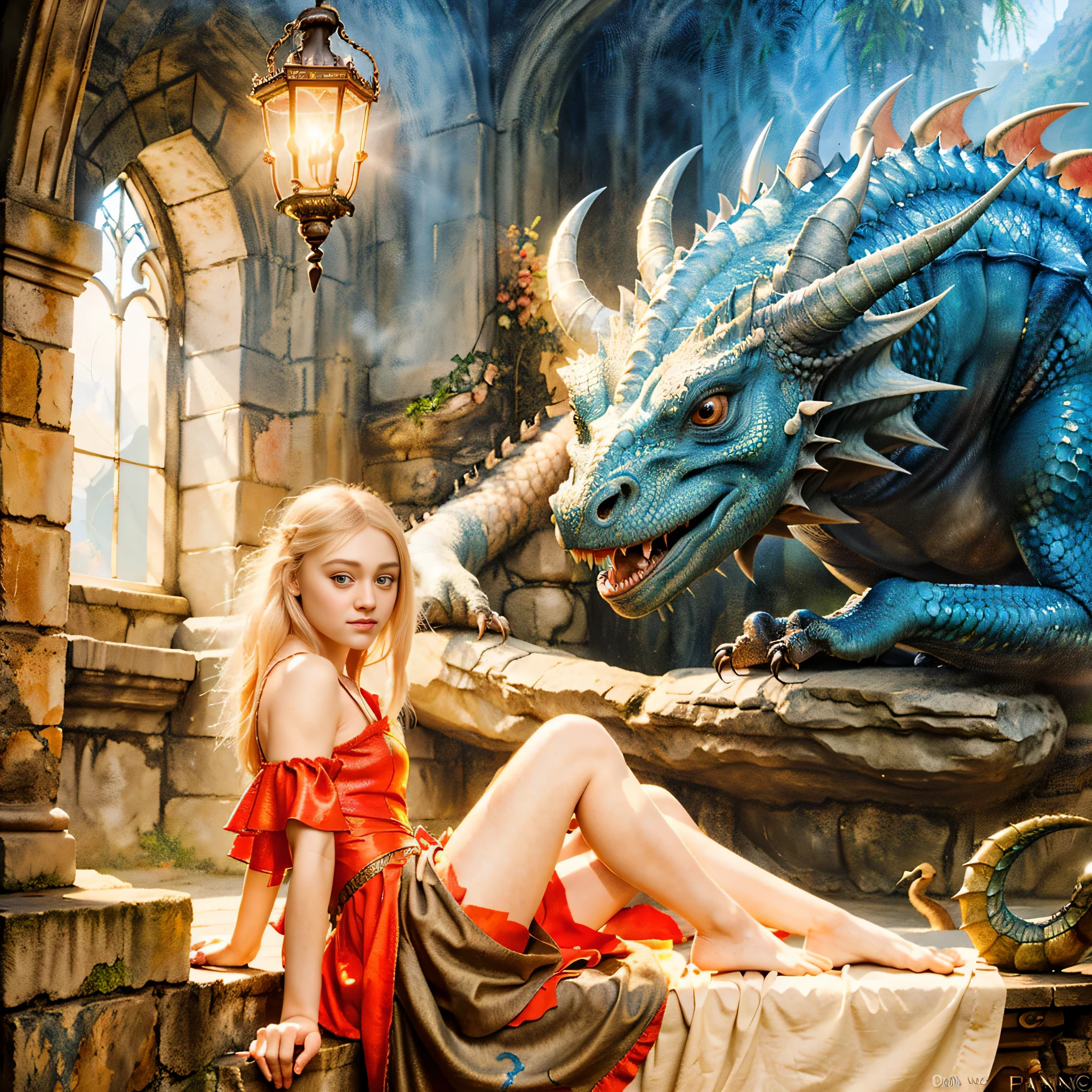 painting of Dakota Fanning sitting on a ledge next to a dragon, reina de dragones, Dakota Fanning Dragon, dragon queen, the Dakota Fanning Dragon portrait, realistic fantasy illustration, realistic fantasy painting, realistic arte de fantasiawork, al estilo de anne stokes, medieval arte de fantasia, hyperrealistic arte de fantasia, fantasy oil painting, dragon oil painting, arte de fantasia, fantasy illustrations, amazing arte de fantasia