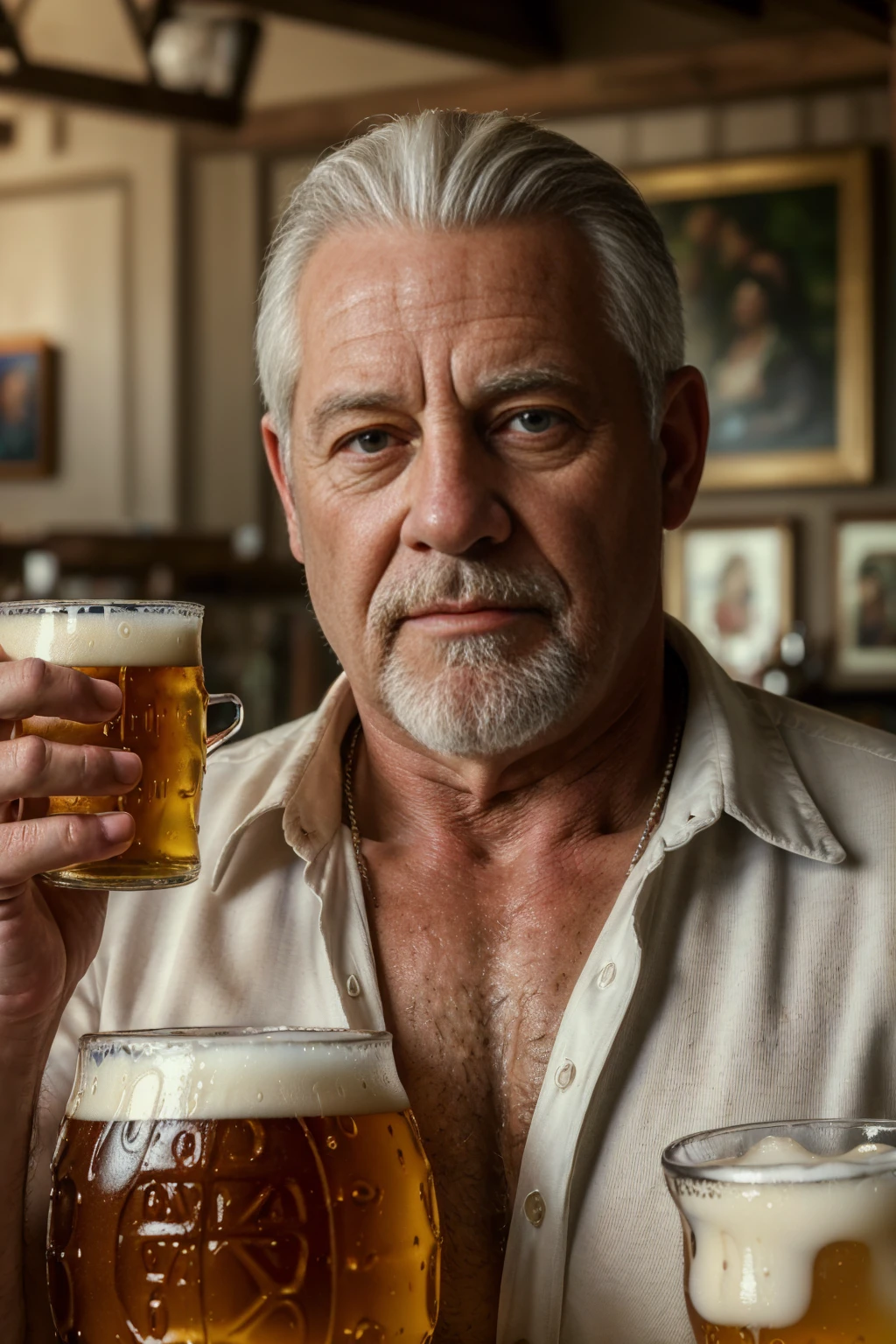 (best quality,4k,8k,highres,masterpiece:1.2),ultra-detailed,(realistic,photorealistic,photo-realistic:1.37),60-year-old man,disgusting,white,muscular,chubby,portrait,dad,plaid shirt,kind,white hair,tavern,beer