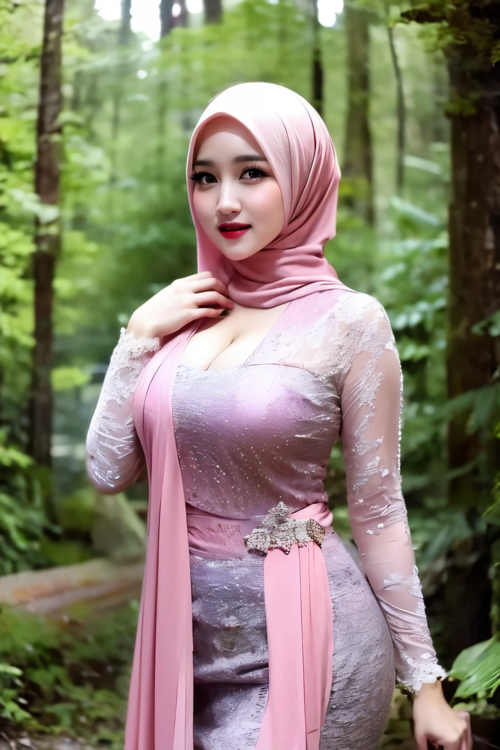 Create a photorealistic masterpiece of a beautiful woman with hijab wearing traditional Indonesian kebaya attire, solo, cleavage cutout, Set her against a dark, forest backdrop with a captivating glow in the background and bokeh effect. Ensure the image quality is 8K with ultra-realistic details.,kebaya,kebaya indonesia