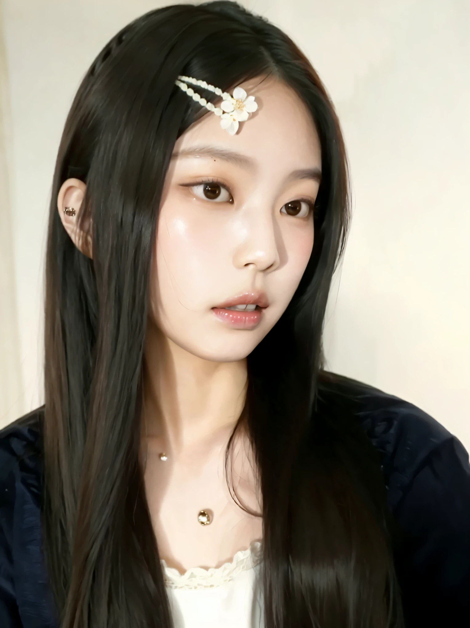 curvy Asian woman with long black hair and a flower in her hair, young lovely korean face, Retrato de Jossi do Blackpink, Kim Doyoung, pale milky white porcelain skin, Korean symmetrical face, com cabelos longos e olhos penetrantes, Ulzzang, Heonhwa Choe, maquiagem sul-coreana popular, Jinyoung Shin, maquiagem coreana popular, taejune kim