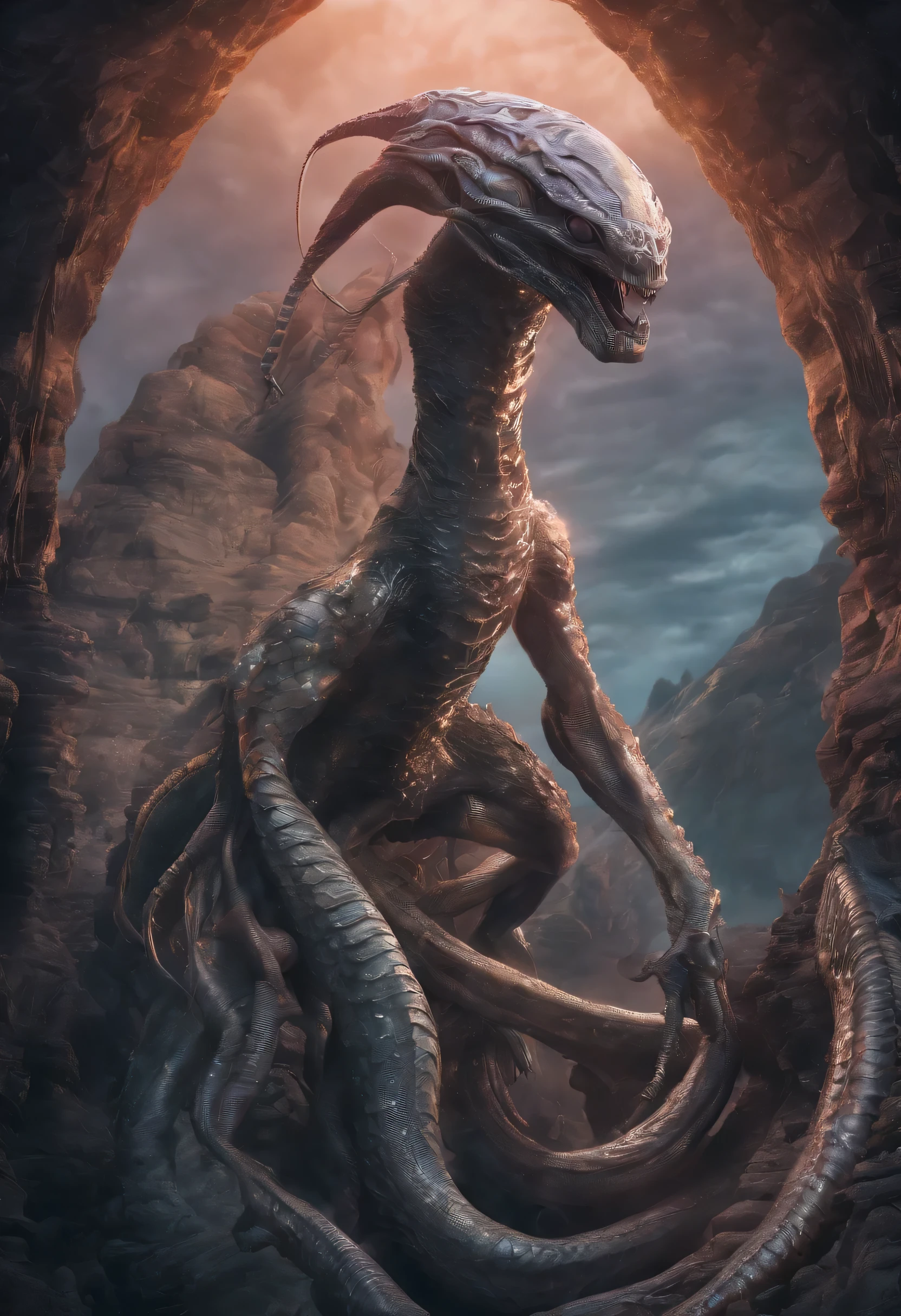 This monster lives deep in the mountains.. It has a big, Snake's body, snake long tail, Upper body of a beautiful woman, Lamia, Medusa, Snake woman.、
