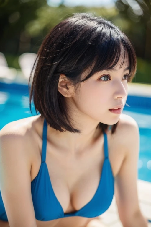 , blown by the long wind [Blue-black:.3] hair,looking at the viewer, (masterpiece:1.3), (8K, realistic, Raw photo, highest quality: 1.4), Japanese, (1 girl), beautiful face, (realistic face), (black hair, short hair:1.3), beautiful hairstyle, realistic eyes, detailed and beautiful eyes, (realistic skin), beautiful skin, Charm, ultra high resolution, surreal, very detailed, golden ratio,white swimsuit, blown by the long wind [Blue-black:.3] hair,looking at the viewer, (masterpiece:1.3), (8K, realistic, Raw photo, highest quality: 1.4), Japanese, (1 girl), beautiful face, (realistic face), (black hair, short hair:1.3), beautiful hairstyle, realistic eyes, detailed and beautiful eyes, (realistic skin), beautiful skin, Charm, ultra high resolution, surreal, very detailed, golden ratio,white swimsuit、Slender legs、big breasts、sitting by the pool