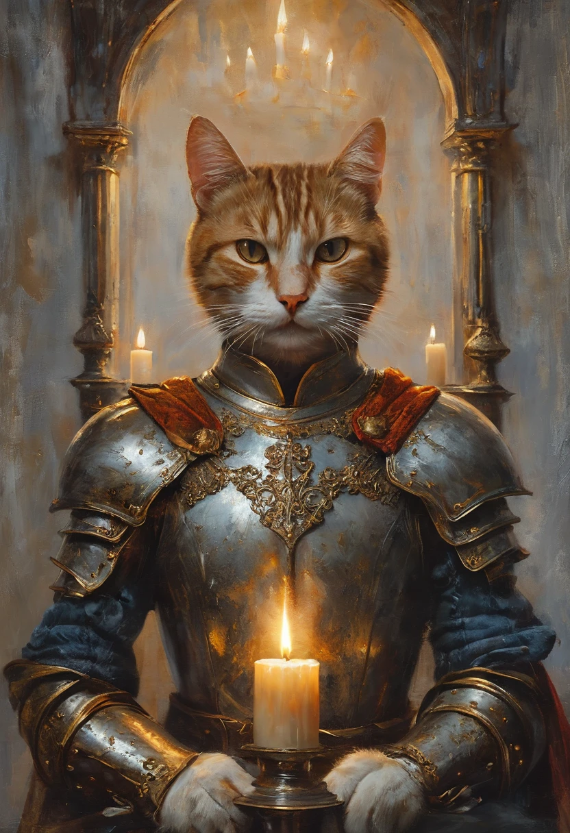 cat Knight wearing outrageous fashion outfit, Cozy medieval study with candlelight in the background, elegant, digital painting, artstation, concept art, smooth, sharp focus, illustration, great lighting, (masterpiece, best quality, perfect composition, very aesthetic, absurdres, ultra-detailed, intricate details, Professional, official art, Representative work:1.3)