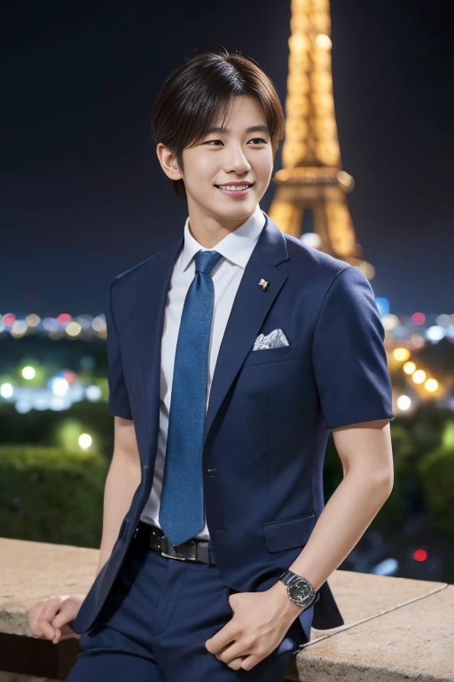 ((on the table:1.4, best quality)), (realistic pictures:1.4), ((1 28-year-old Japanese young man)), (ultra high resolution:1.2), Very delicate and handsome, wonderful, Highly detailed CG Unity 8k wallpaper, super detailed, High resolution, soft light, handsome japanese man, Highly detailed eyes and faces, Beautifully detailed nose, Beautiful and delicate eyes, (wear white shirt.. . blue tie, short sleeves), Navy blue suit pants,Japanese men, (High gloss details), , Broad shoulders:1.4), movie lighting, perfect anatomy, Slender figure, chest muscles, , (city lights at night:1.4), (outdoor:1.3), (Eiffel Tower), Cowboy shooting, looking at the audience, Smile