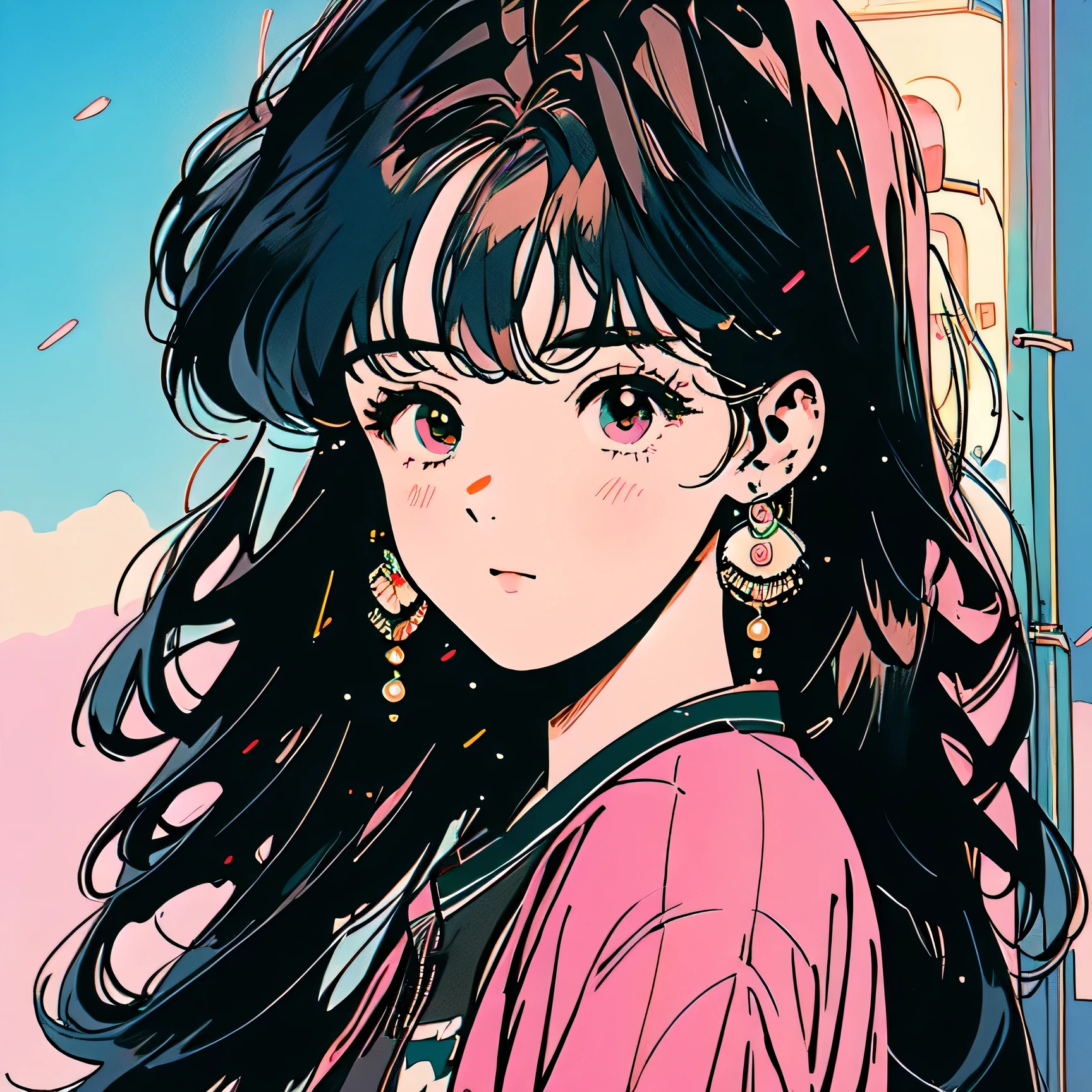 best quality, 4k wallpaper, masterpiece, Extremely detailed CG unified 8k wallpaper, extremely detailed eyes, Cool colors,Japan in the Showa period,Japanese idols from the Showa era,citypop,vaporwave,Super detailed, intricate details, Close center 1 happy girl, Retro art style, neon_pop art style, people, outdoor, road sign, City, people,Melancholic high school student,Bangs hairstyle,fluffy hair,junior high school students