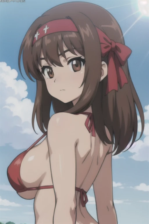 (anime cels style, best quality, high resolution, megami magazine, anime poster style, sharp, 8k, photorealistic), (beautiful eyes:1.2), (kondou_taeko:1.5, Girls und Panzer), 1girl, brown medium hair, brown eyes, (red headband, back ribbon), (large breast), (red bikini), upper body, (perfect detailed anatomy, beautiful face, perfect body, perfect arms, shiny skin), sunshine, bluesky