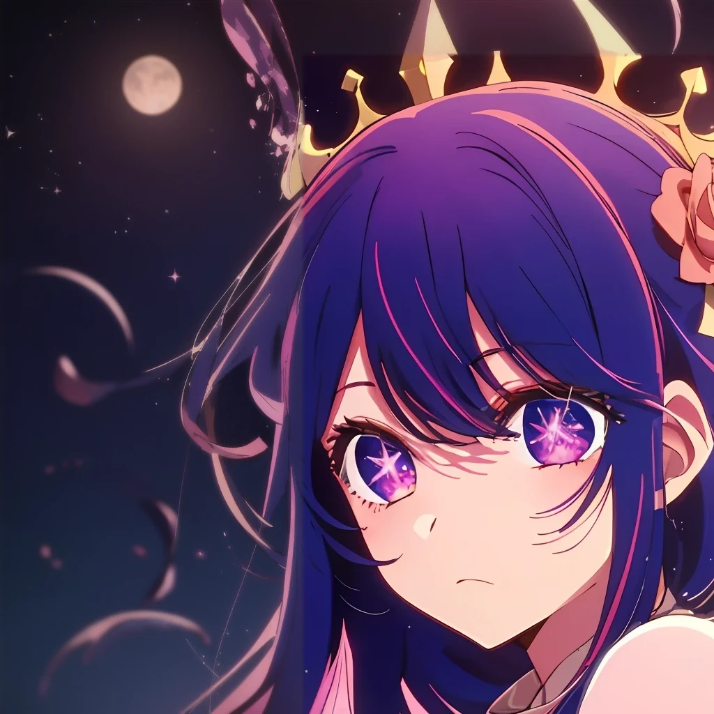 pink moon, pink sky, Soft pink clouds, pink ocean waves Glittering, Glittering, Pink roses on a pink ocean, fantasy, diamond, crown, universe, soft light,1 girl floating, ((purple hair)), star eyes, Symbol eyes, starry eyes, Medium chest, close up